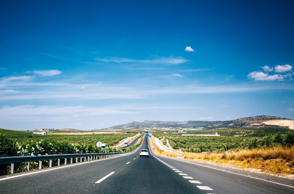 The view from a car driving through Catalonia.